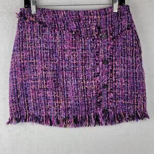 Zara Mini Skirt Sz 12 Side Zip Purple Pink Tweed Fringe Hem Office Winter Career